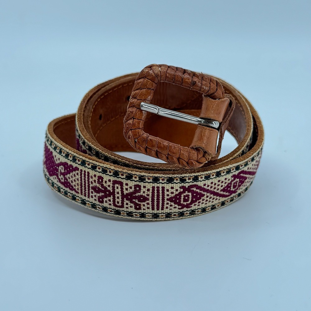 Vtg Woven Leather Belt Womens 32 Tan Jacquard Boho Folk Western Hippie Tribal